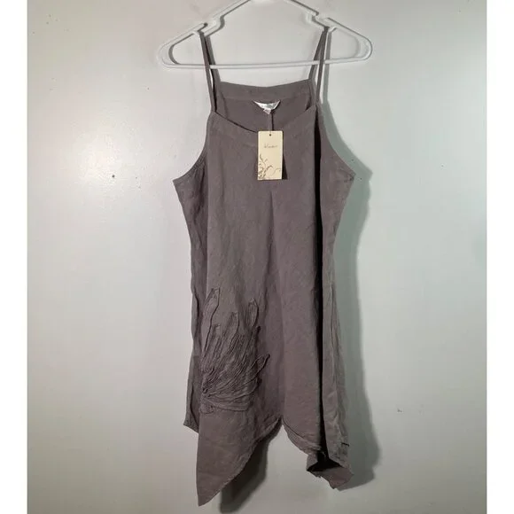 Womens Kleen Flaxseed Linen Asymmetrical Top Applique Flower L Brown NWT - Picture 1 of 10